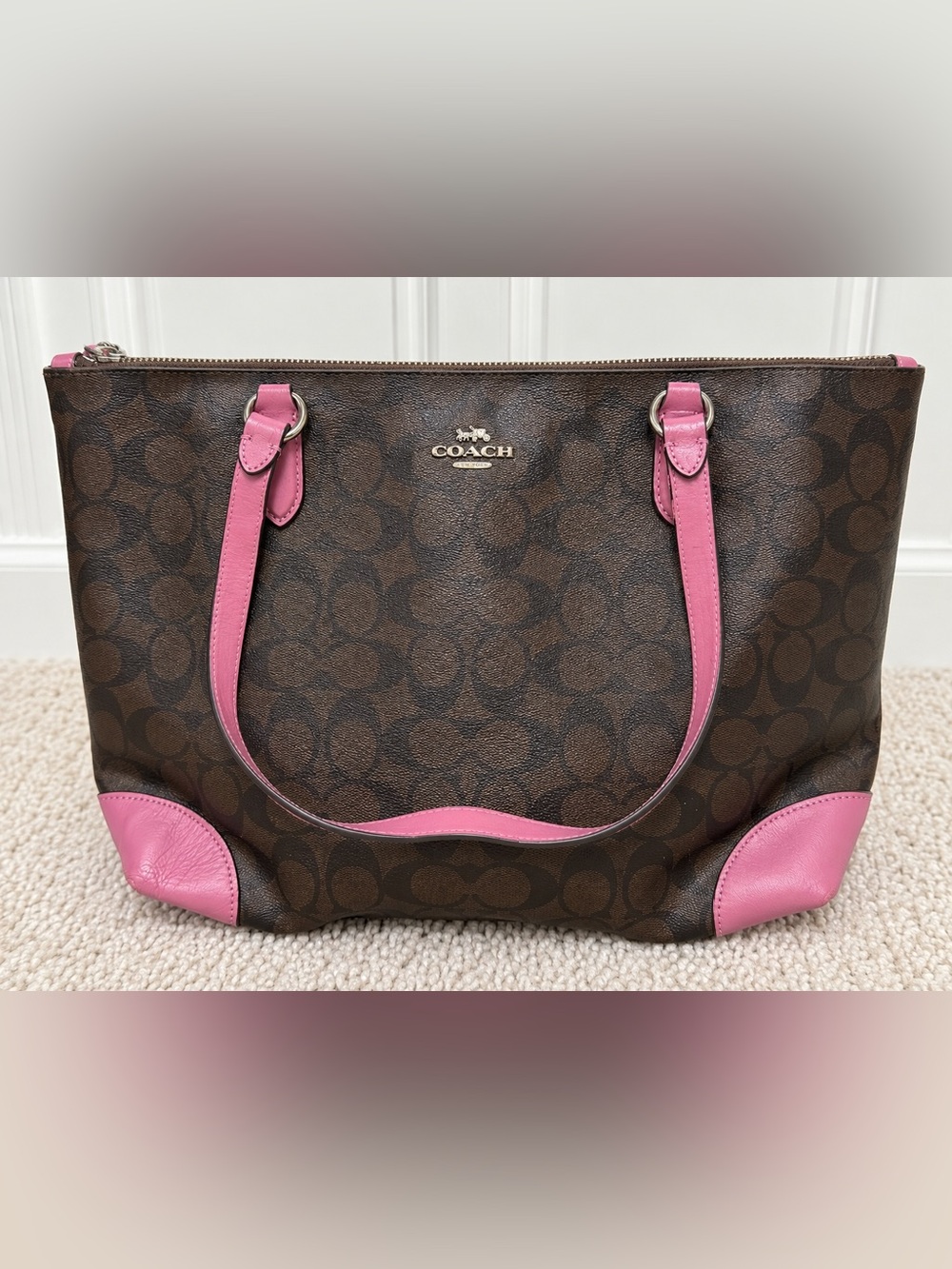 Coach F29208 Signature Canvas Pink Leather Zip Top Tote